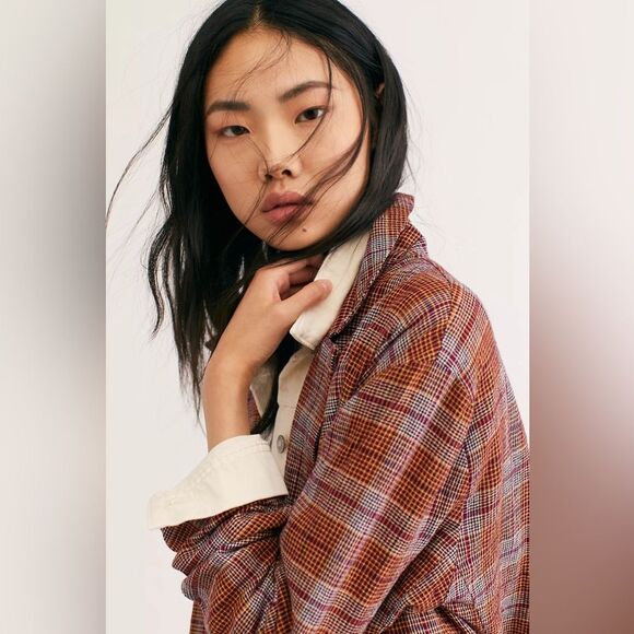 Free People Simply Plaid Blazer in Pomegranite Combo L NWOT - Picture 5 of 13